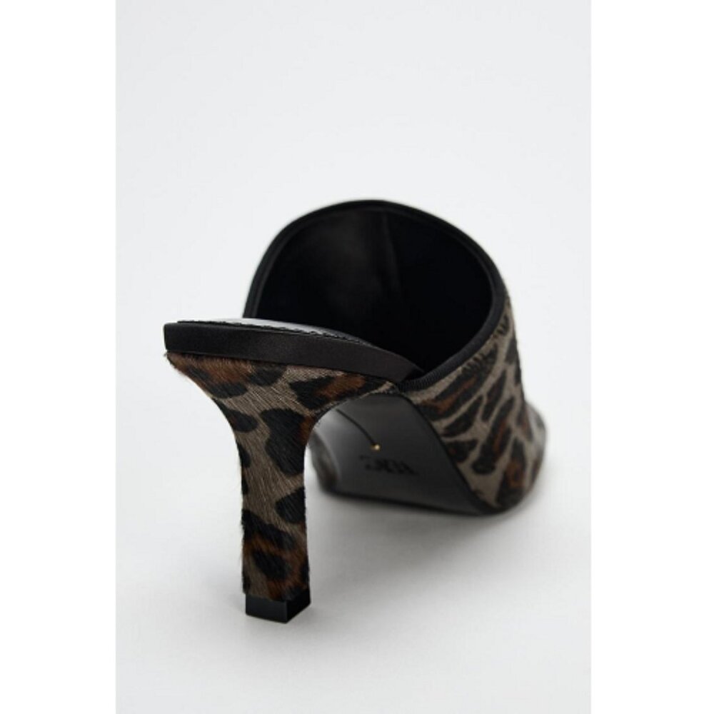 Zara 100% Leather Mules Animal Leopard Print Square Toe 2.8in Heel Sz 7.5 Summer - Picture 5 of 11